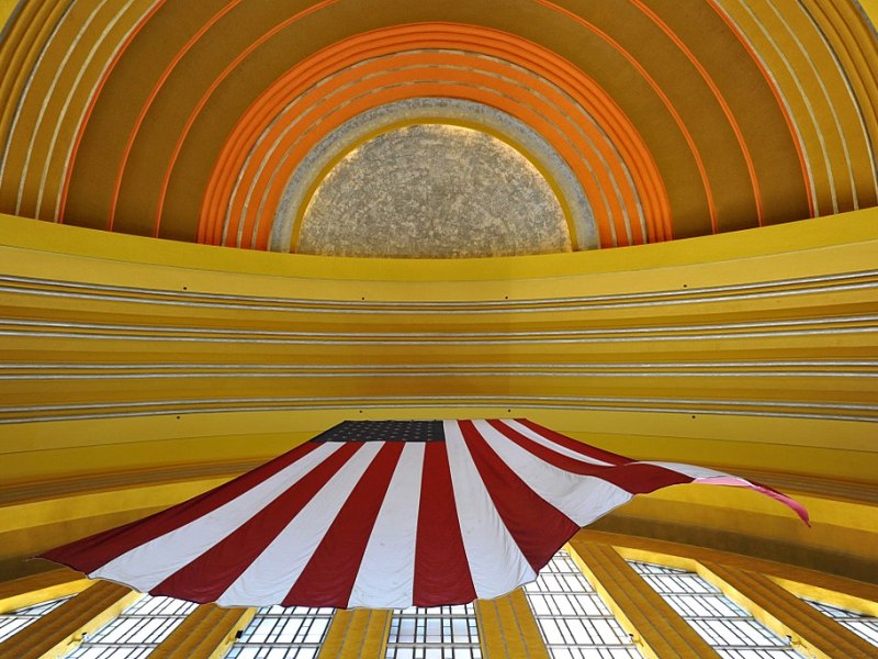 Ceiling of Cincinnati Union Terminal featuring a US flag