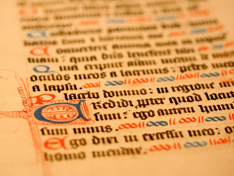 Close up photograph of handwritten, illuminated, calligraphic manuscript