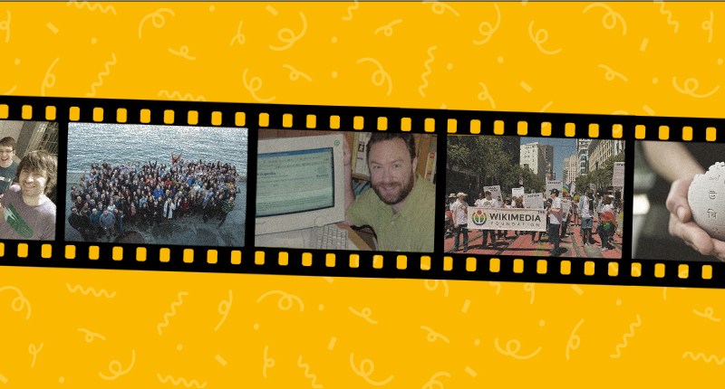 Stylized film strip featuring people from the Wikimedia Foundation's history