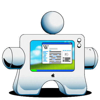 An animated illustration of a computer screen with a web browser open, actively navigating through a Wikipedia article.